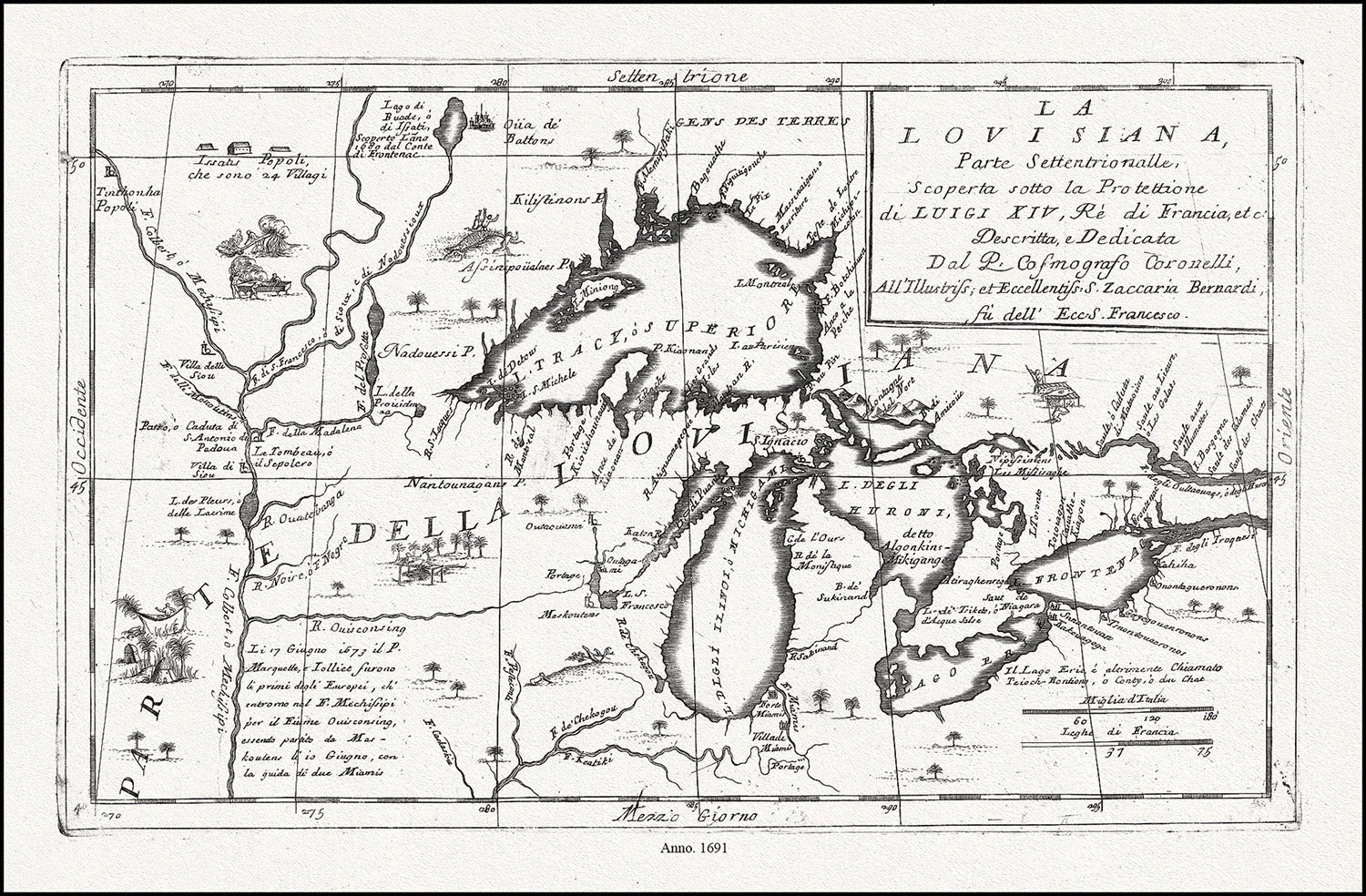 Canada: Great Lakes: Coronelli, La Louisiana, Parte Settentrionalle, Scoperta sotto Protettione di Luigi XIV, Re di Francia, 1691 - The Map Chest