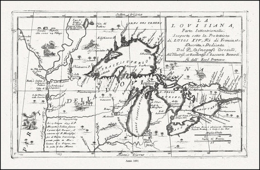 Canada: Great Lakes: Coronelli, La Louisiana, Parte Settentrionalle, Scoperta sotto Protettione di Luigi XIV, Re di Francia, 1691 - The Map Chest
