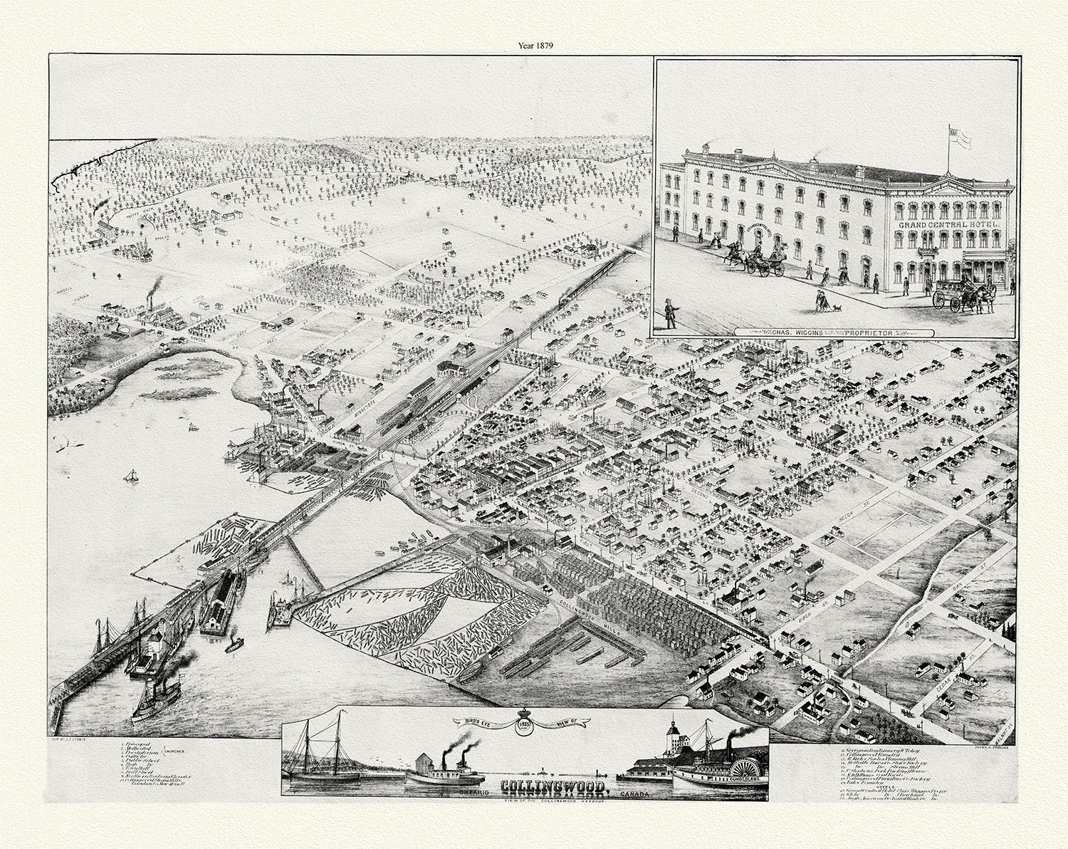 Canada: Great Lakes: Georgian Bay: Bird's eye view of Collingwood, Ontario, Brosius auth.,, 1879 - The Map Chest