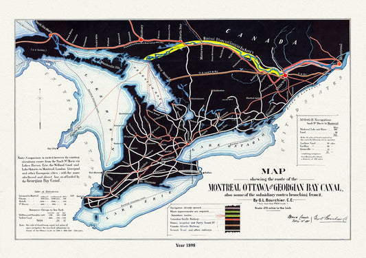 Canada: Great Lakes: Georgian Bay: Map shewing the route of the Montreal, Ottawa and Georgian Bay Canal, also some of the subsidiary routes branching from it,1898 - The Map Chest