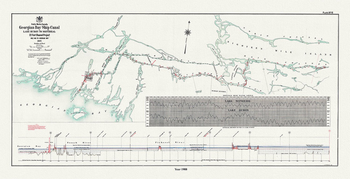 Canada: Great Lakes: Georgian Bay: The Georgian Bay Ship Canal from Lake Huron to Montreal, 1908 - The Map Chest