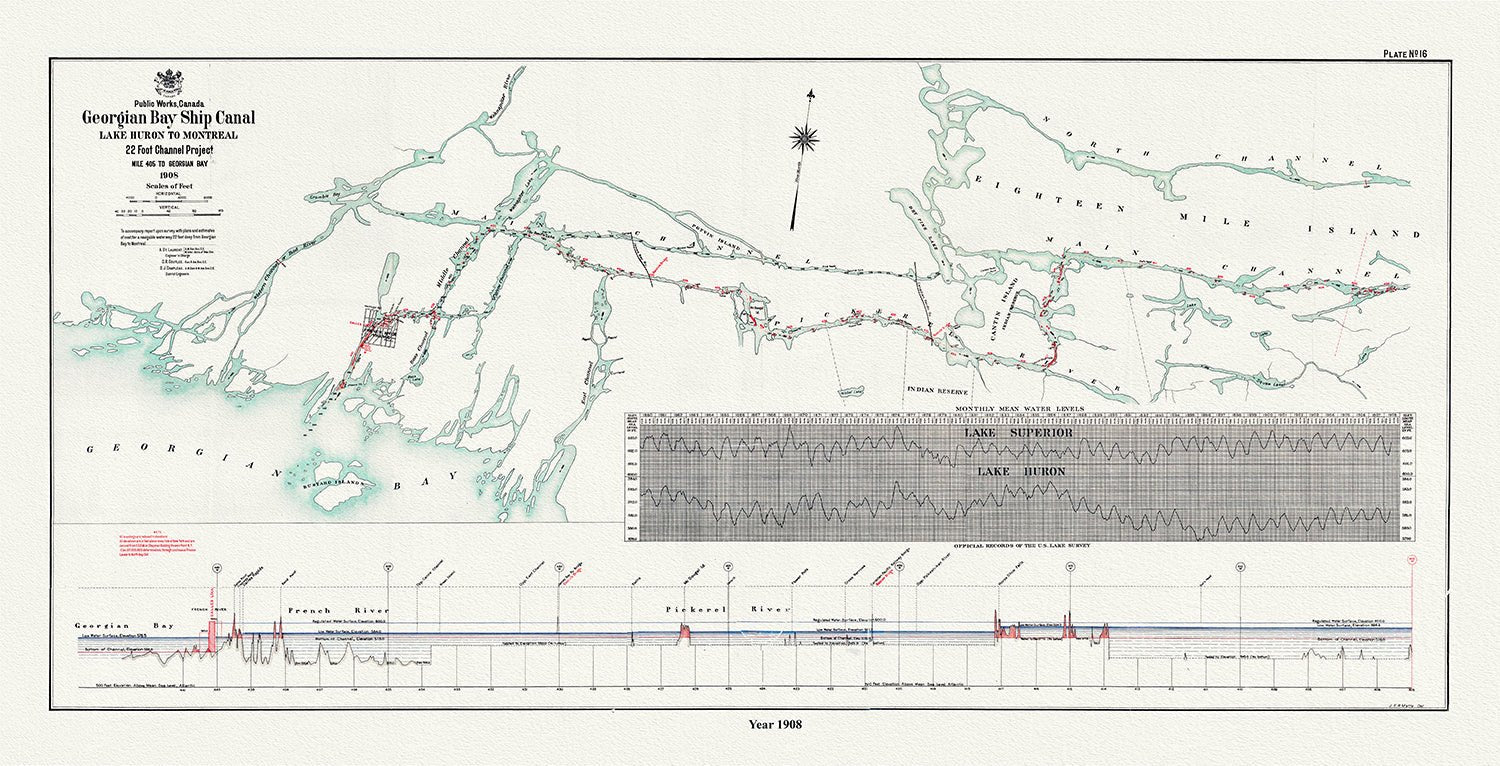 Canada: Great Lakes: Georgian Bay: The Georgian Bay Ship Canal from Lake Huron to Montreal, 1908 - The Map Chest