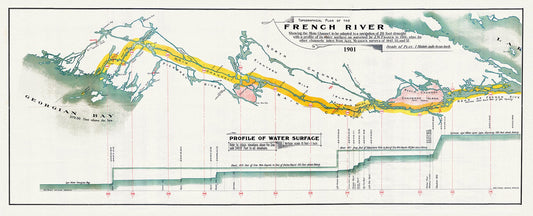 Canada: Great Lakes: Georgian Bay: Topographical plan of the French River showing the main channel to be adapted to a navigation of 20 foot draught, 1901 - The Map Chest