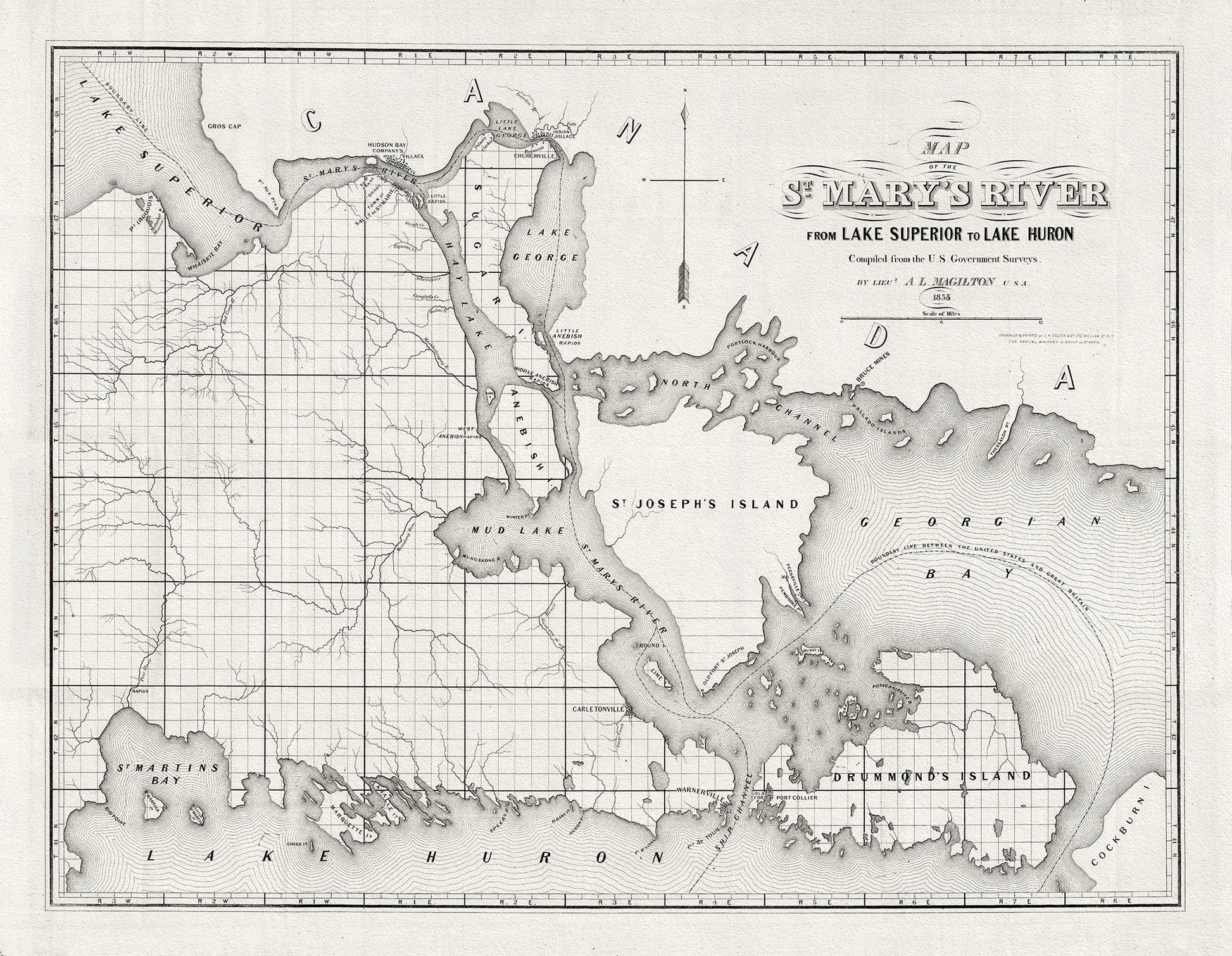 Canada: Great Lakes: Lake Huron: Colton, Magilton et Whitney, St. Mary's River From Lake Superior To Lake Huron, 1855 - The Map Chest