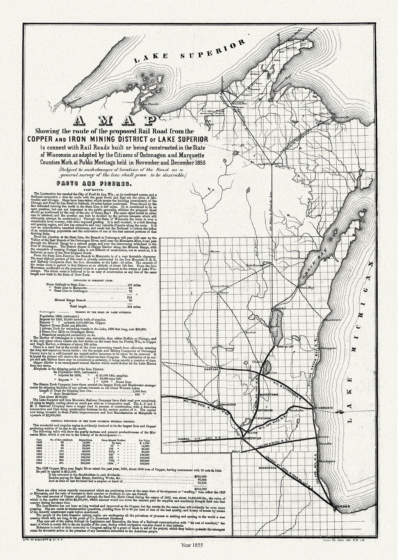 Canada: Great Lakes: Lake Superior: Route of the proposed rail road from the Copper and Iron Mining District of Lake Superior to connect with rail roads built or being constructed in the state of Wisconsin, 1855 - The Map Chest