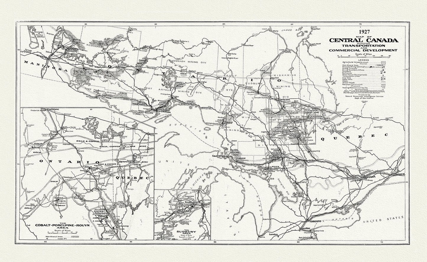 Canada: Great Lakes: Map of Central Canada Showing Transportation and Commercial Development, 1927 - The Map Chest