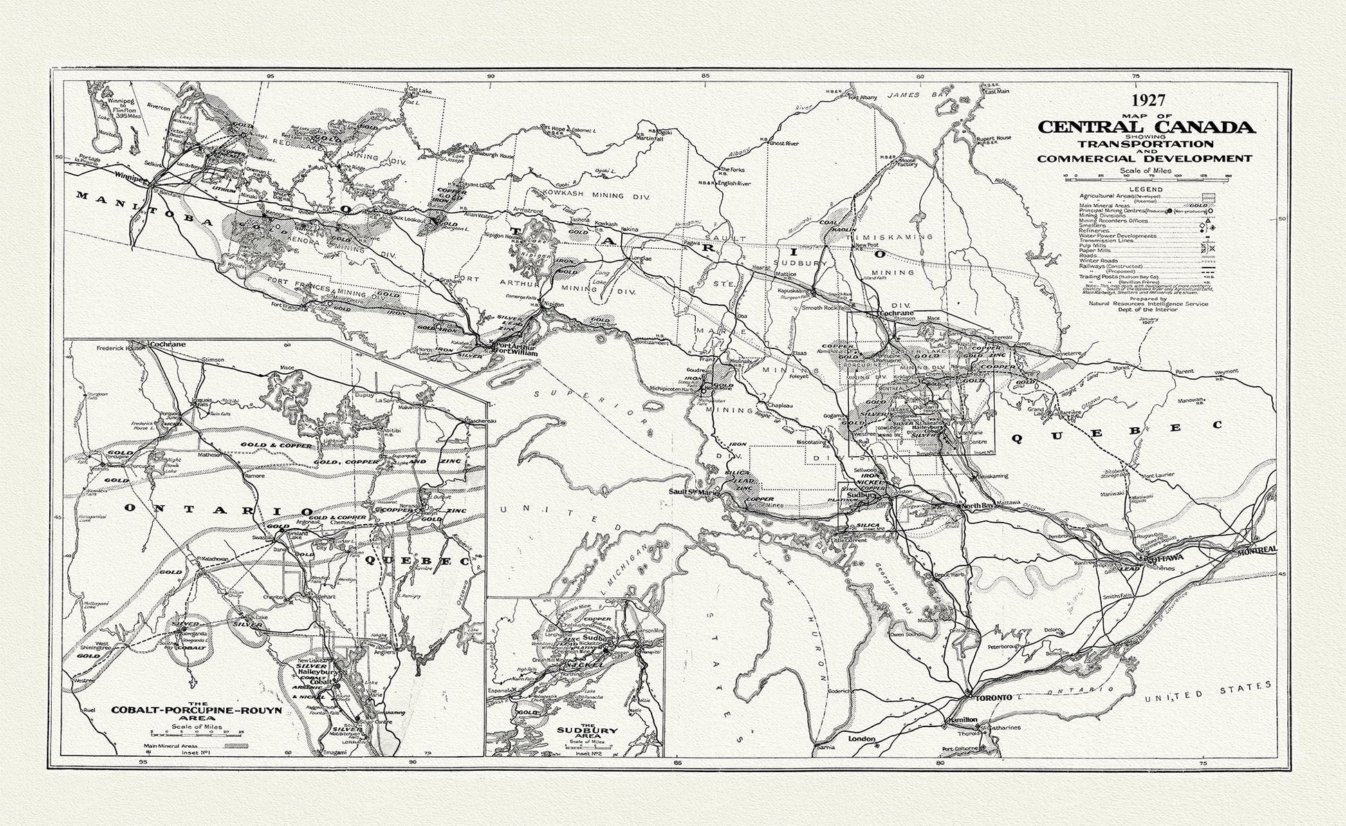 Canada: Great Lakes: Map of Central Canada Showing Transportation and Commercial Development, 1927 - The Map Chest