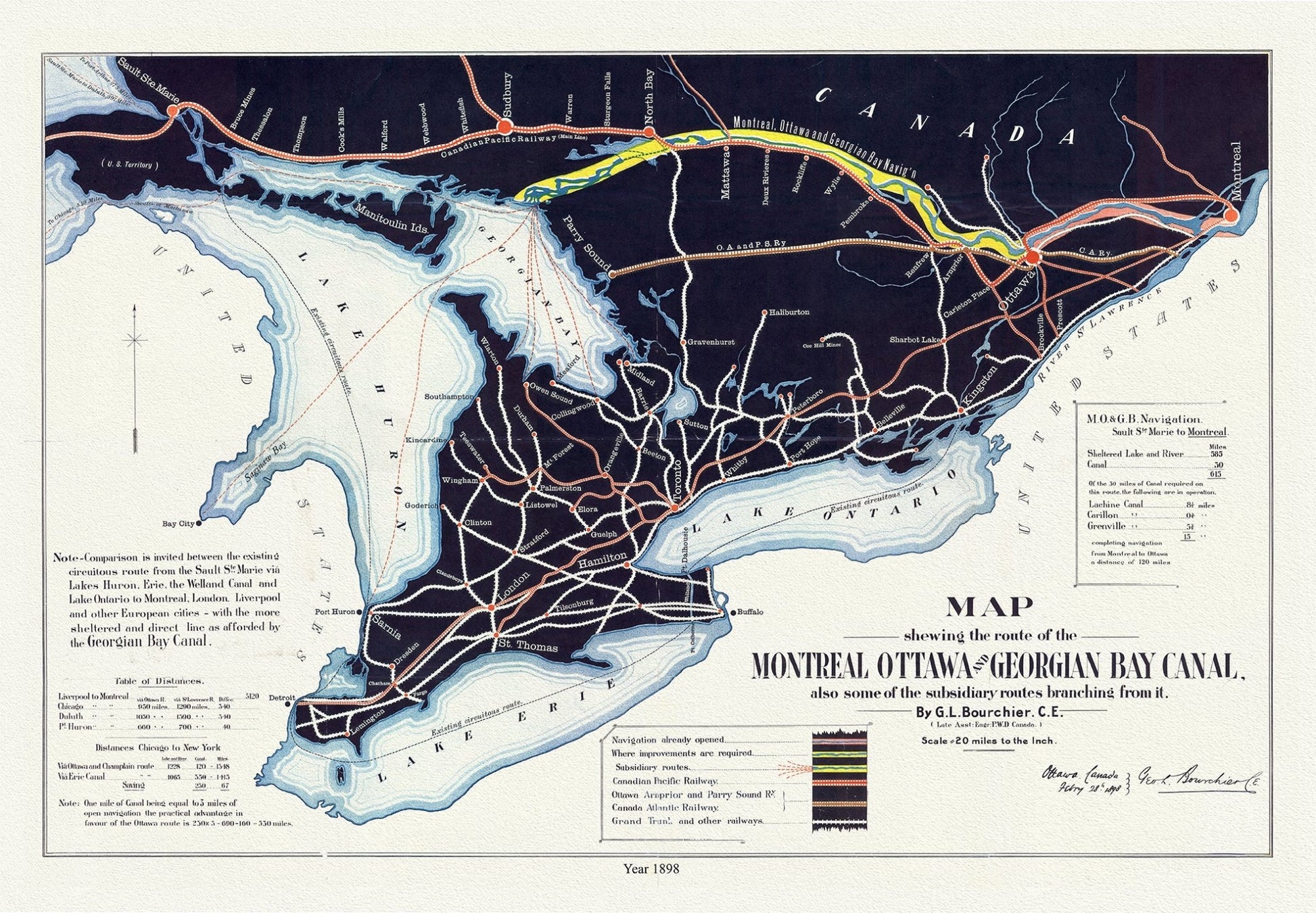 Canada: Great Lakes: Map shewing the route of the Montreal, Ottawa and Georgian Bay Canal, also some of the subsidiary routes branching from it, 1898 - The Map Chest