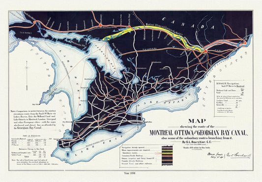 Canada: Great Lakes: Map shewing the route of the Montreal, Ottawa and Georgian Bay Canal, also some of the subsidiary routes branching from it, 1898 - The Map Chest