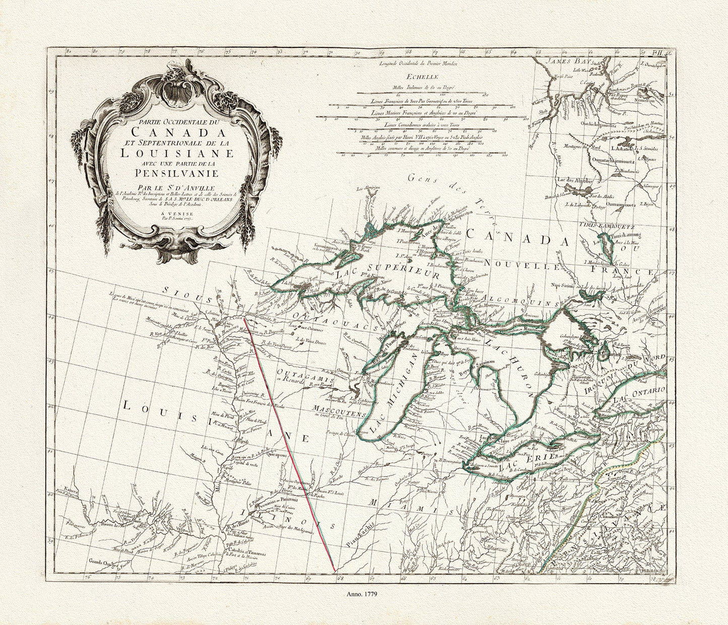 Canada: Great Lakes: Paolo Santini (apres Vaugondy), No. 46., Partie Occidentale du Canada et Septentrionale de la Louisiane, 1779 - The Map Chest