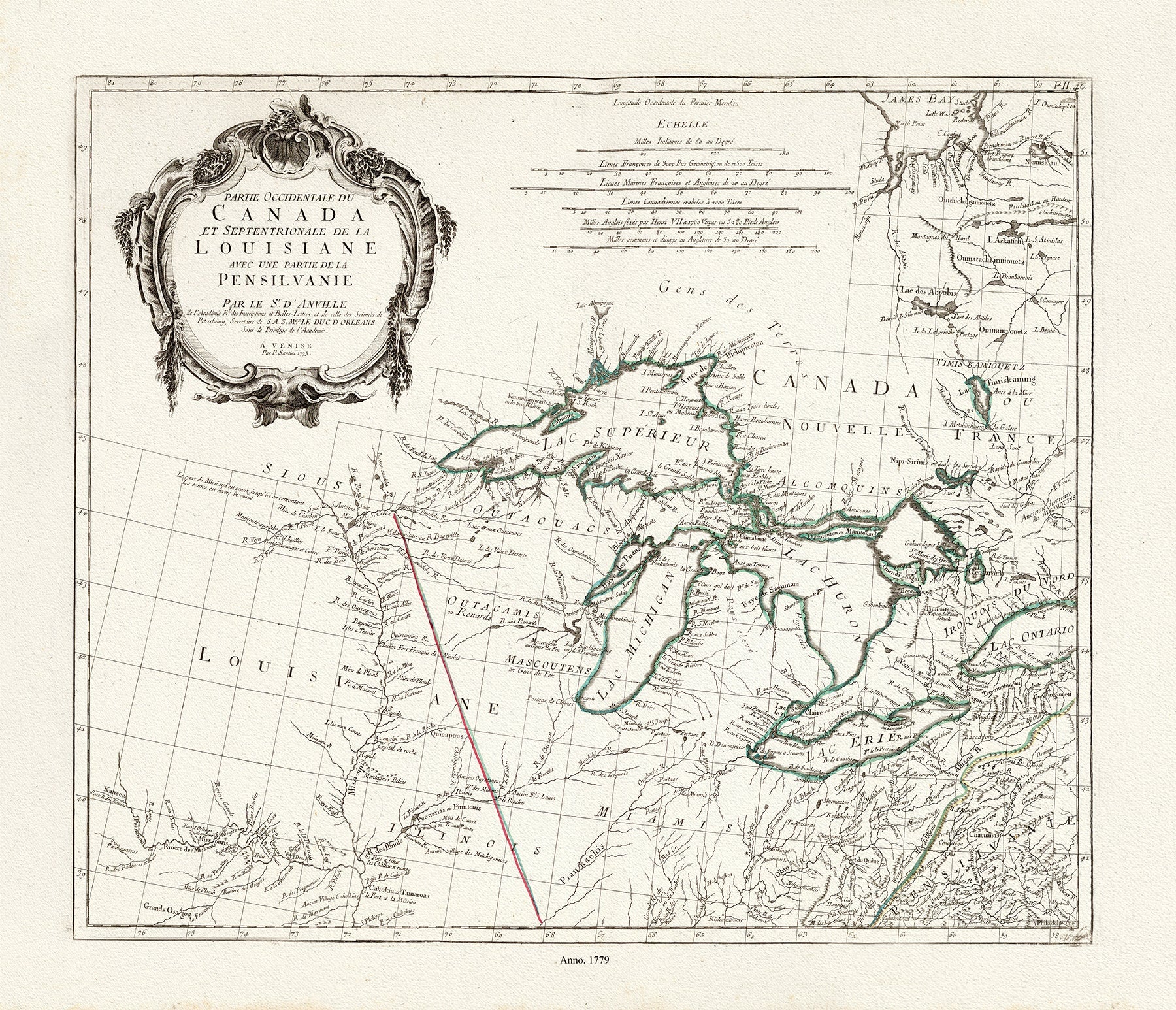 Canada: Great Lakes: Paolo Santini (apres Vaugondy), No. 46., Partie Occidentale du Canada et Septentrionale de la Louisiane, 1779 - The Map Chest