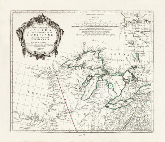 Canada: Great Lakes: Paolo Santini (apres Vaugondy), No. 46., Partie Occidentale du Canada et Septentrionale de la Louisiane, 1779 - The Map Chest