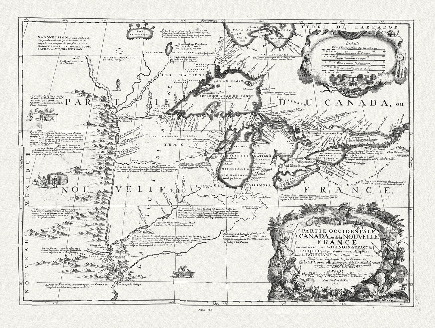 Canada: Great Lakes: Partie occidentale du Canada ou de la Nouvelle France ou sont les Nations des Ilinois, avec la Louisiane, Coronelli, Nolin,Du Tralage, 1688 - The Map Chest