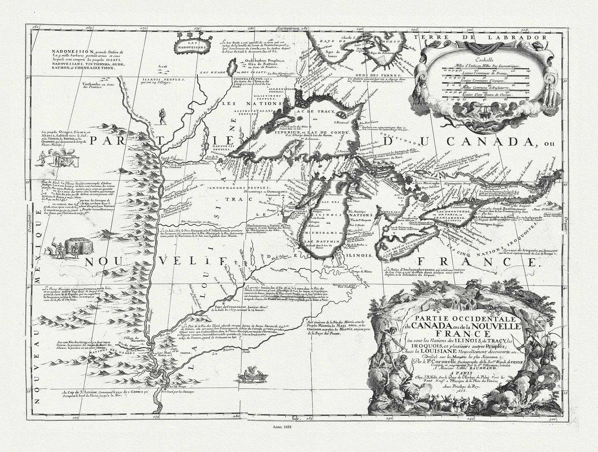 Canada: Great Lakes: Partie occidentale du Canada ou de la Nouvelle France ou sont les Nations des Ilinois, avec la Louisiane, Coronelli, Nolin,Du Tralage, 1688 - The Map Chest