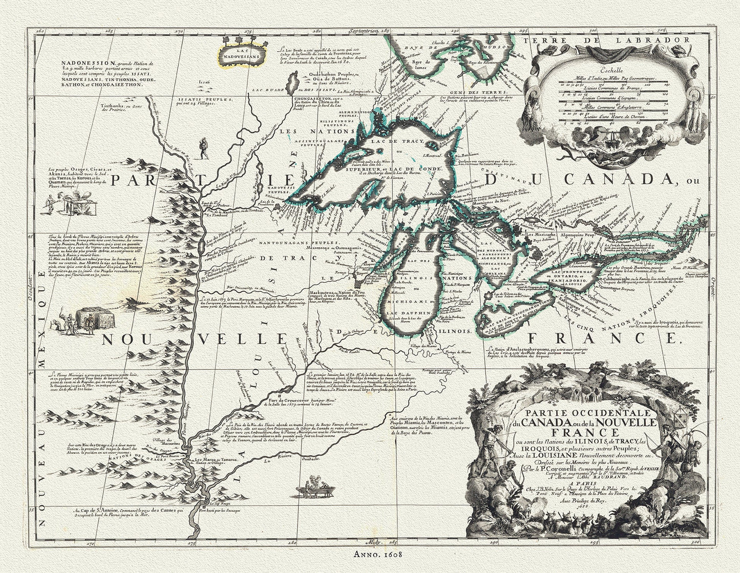 Canada: Great Lakes: Partie occidentale du Canada ou de la Nouvelle France ou sont les Nations des Ilinois, de Tracy, les Iroquois, et plusieurs autres Peuples,Coronelli,1608 - The Map Chest