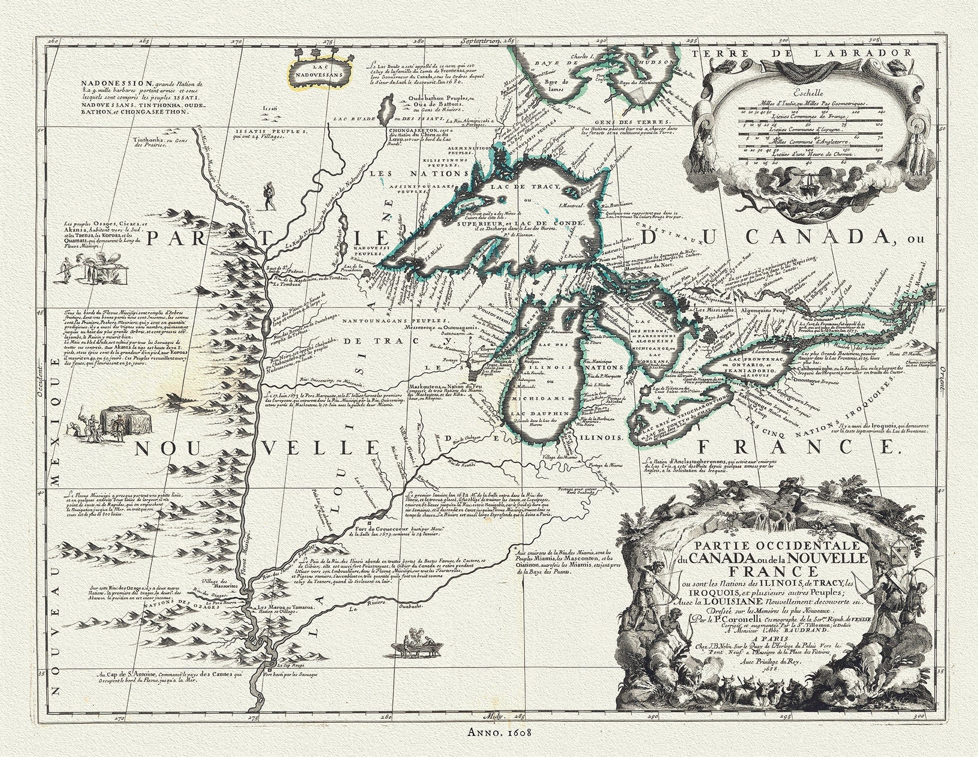 Canada: Great Lakes: Partie occidentale du Canada ou de la Nouvelle France ou sont les Nations des Ilinois, de Tracy, les Iroquois, et plusieurs autres Peuples,Coronelli,1608 - The Map Chest
