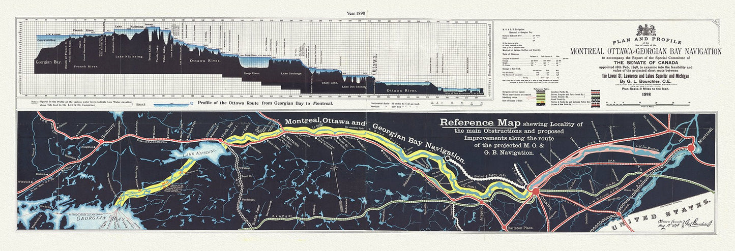 Canada: Great Lakes: Plan and profile of the line of route of the Montreal Ottawa and Georgian Bay navigation, 1898 - The Map Chest
