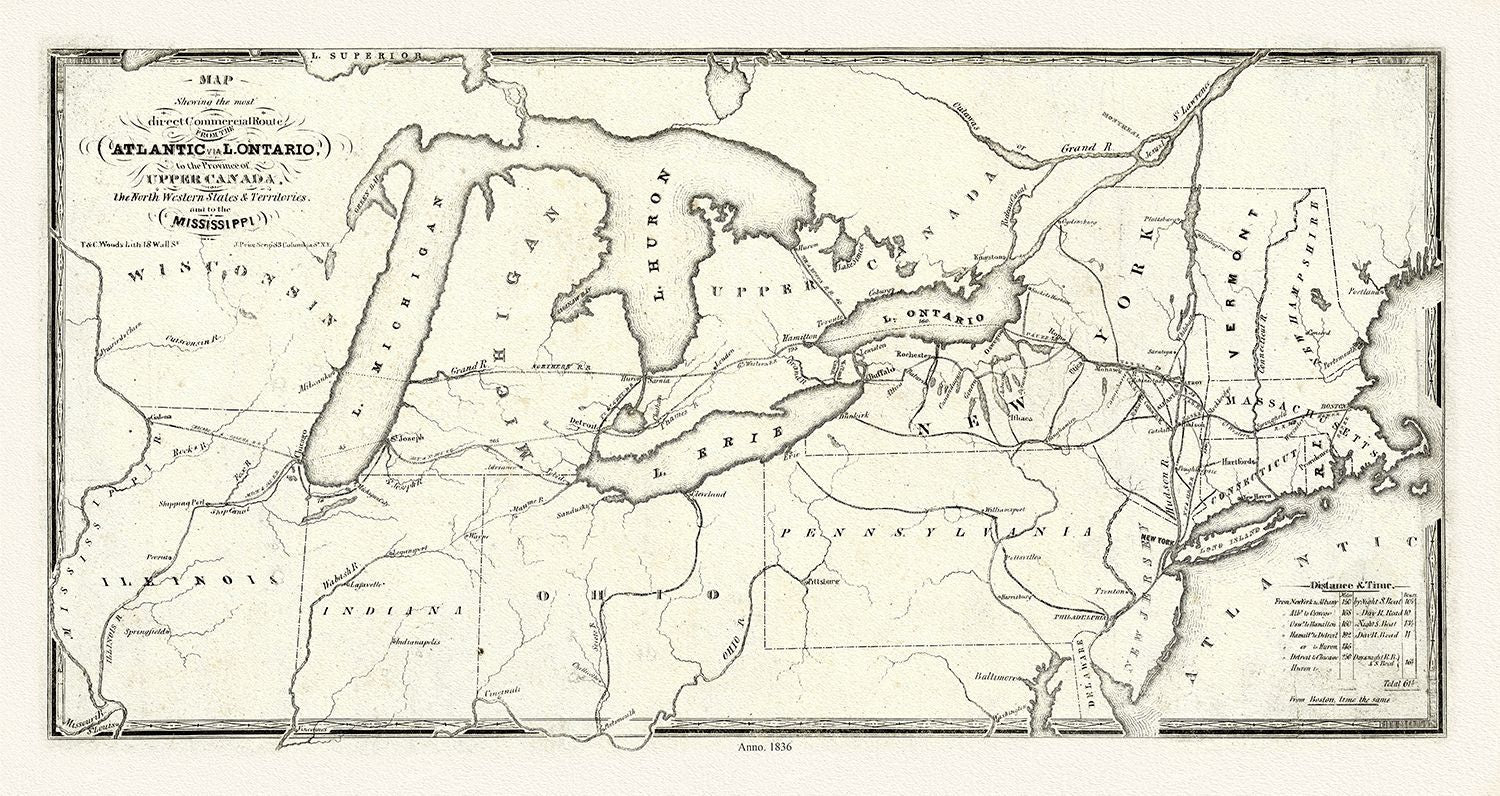 Canada: Great Lakes: Price, Map showing the most direct commercial route from the Atlantic via L. Ontario, to the province of Upper Canada, the north western states & territories, and to the Mississippi, 1836 - The Map Chest