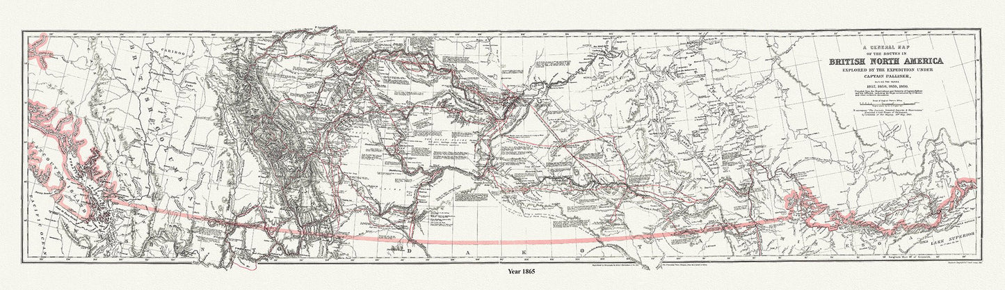 Canada: North and West: A general map of the routes in British North America explored by the expedition under Captain Palliser, during the years 1857, 1858, 1859, 1860 16 x 48" - The Map Chest