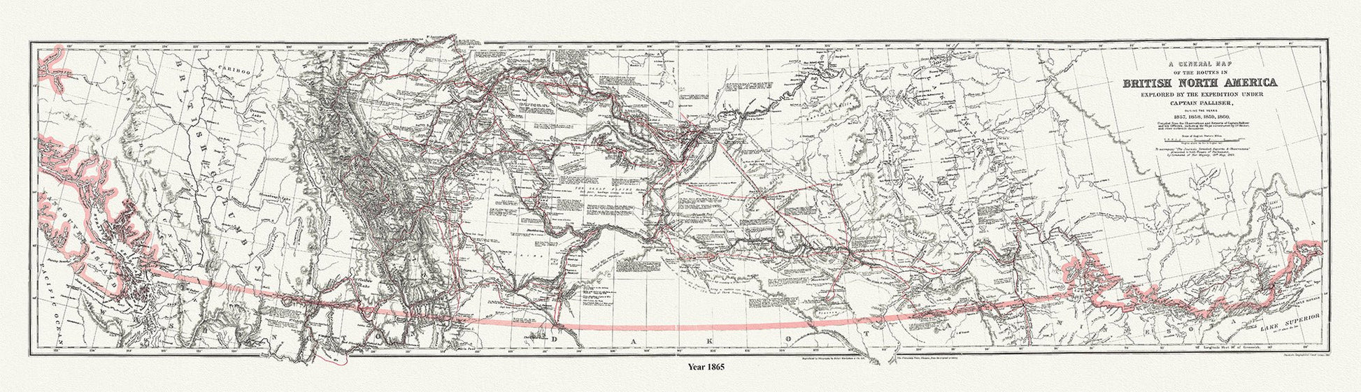 Canada: North and West: A general map of the routes in British North America explored by the expedition under Captain Palliser, during the years 1857, 1858, 1859, 1860 16 x 48" - The Map Chest