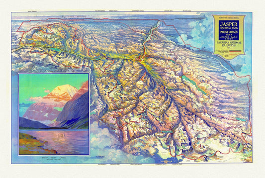 Canada North and West: CNR, Pictorial Map of Jasper National Park and Mount Robson Park, 1935 19 x 36" - The Map Chest