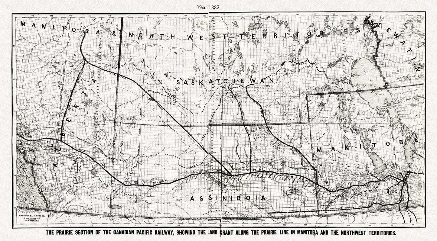 Canada: North and West: E The Prairie section of the Canadian Pacific Railway, showing the land grant along the prairie line in Manitoba and the Northwest Territories, 1882 - The Map Chest