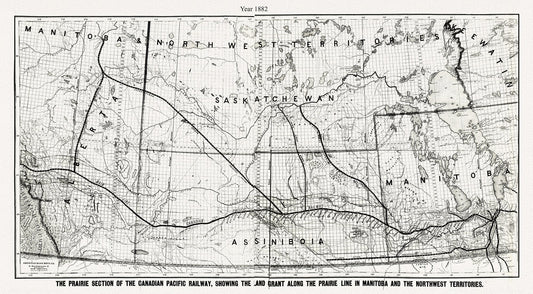 Canada: North and West: E The Prairie section of the Canadian Pacific Railway, showing the land grant along the prairie line in Manitoba and the Northwest Territories, 1882 - The Map Chest