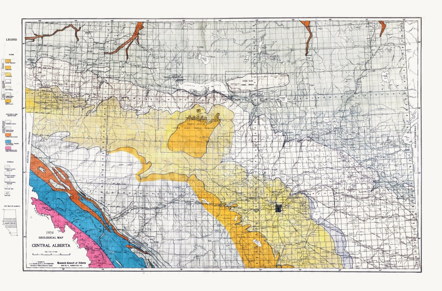 Canada North and West: Geological Map, Central Alberta,1934 - The Map Chest