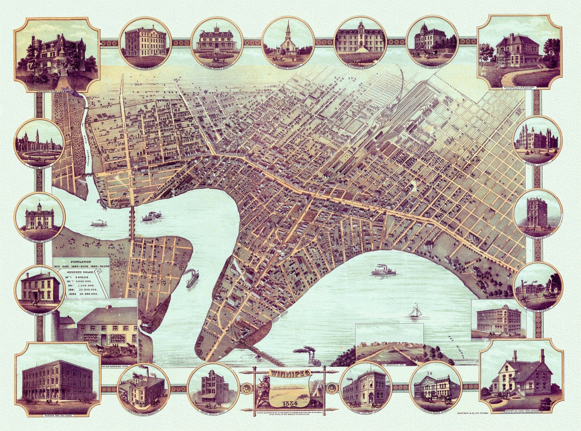 Canada: North and West: Manitoba: A Bird's eye view of Winnipeg, Manitoba, 1884 - The Map Chest