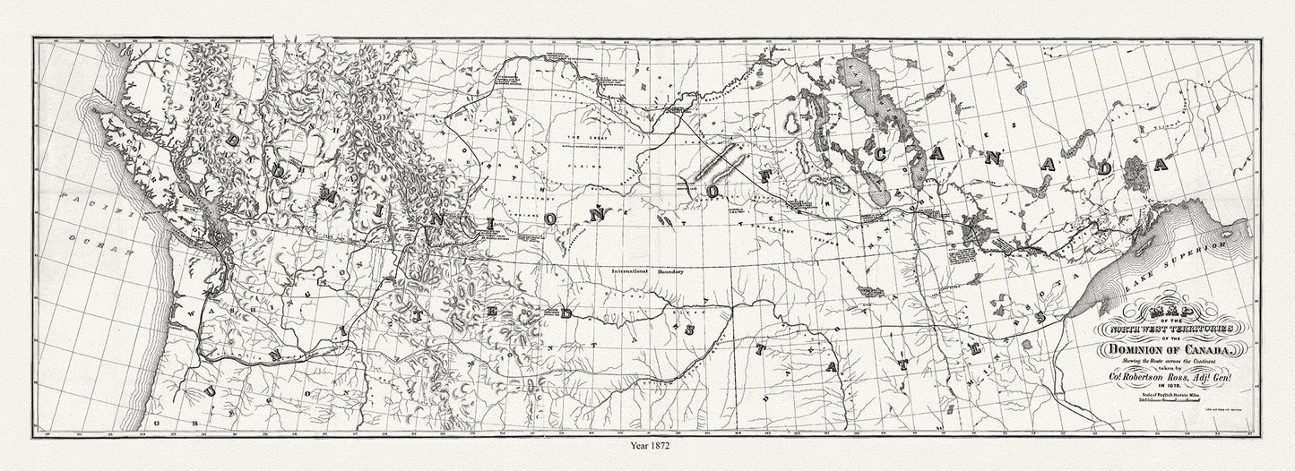 Canada: North and West: Map of the North West Territories of the Dominion of Canada shewing the route across the continent taken by Col. Robertson Ross, Adjt. Genl. in 1872, 16x48 - The Map Chest