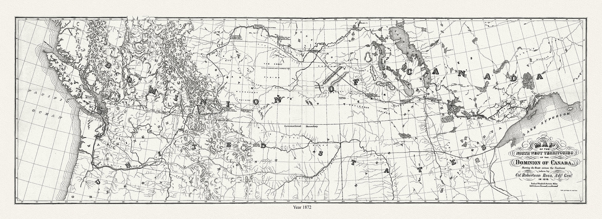 Canada: North and West: Map of the North West Territories of the Dominion of Canada shewing the route across the continent taken by Col. Robertson Ross, Adjt. Genl. in 1872, 16x48 - The Map Chest