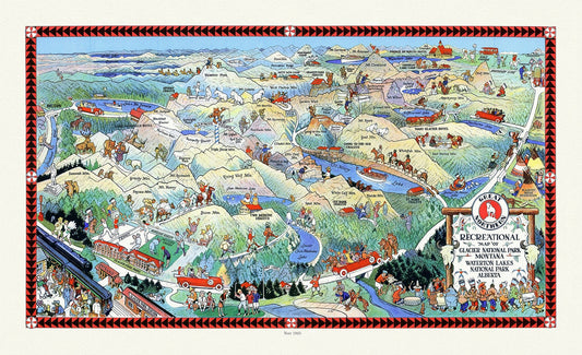 Canada North and West: Recreational Map of Glacier National Park Montana, Waterton Lakes National Park, 1925 - The Map Chest