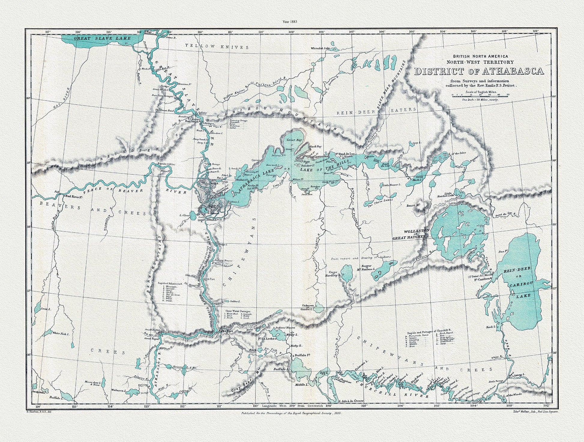 Canada North and West: Sharbau, British North America. North - West Territory, District of Athabasca from surveys and information collected by the Rev. Emile F. S. Petitot, 1883 - The Map Chest