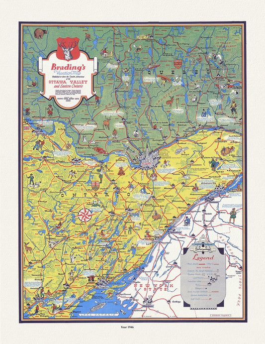 Canada: Ontario: East: Vacation Map of the Ottawa Valley and Eastern Ontario, 1946, Brading auth. - The Map Chest