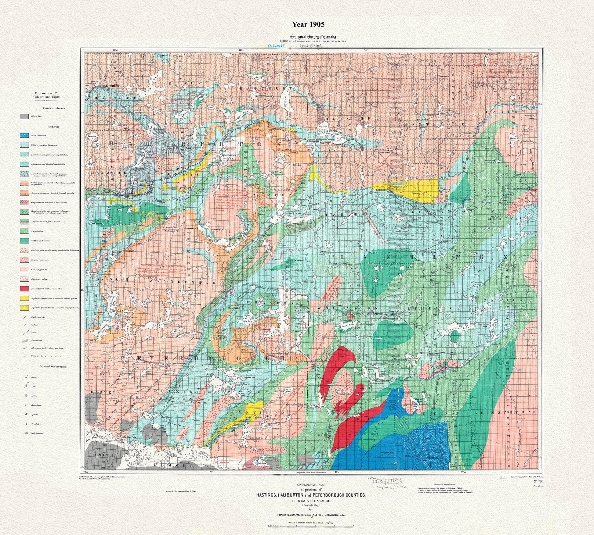 Canada: Ontario: Kawartha Lakes: Geological map of portions of Hastings, Haliburton and Peterborough Counties, Province of Ontario (Bancroft map),1905 - The Map Chest