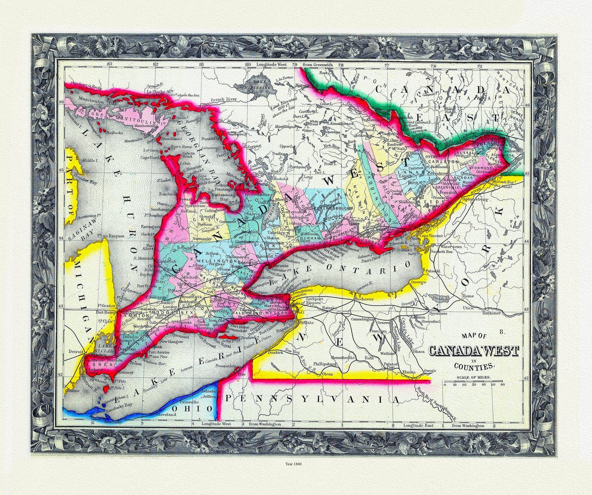 Canada: Ontario: Overall: Map Of Canada West, In Counties, 1860 - The Map Chest