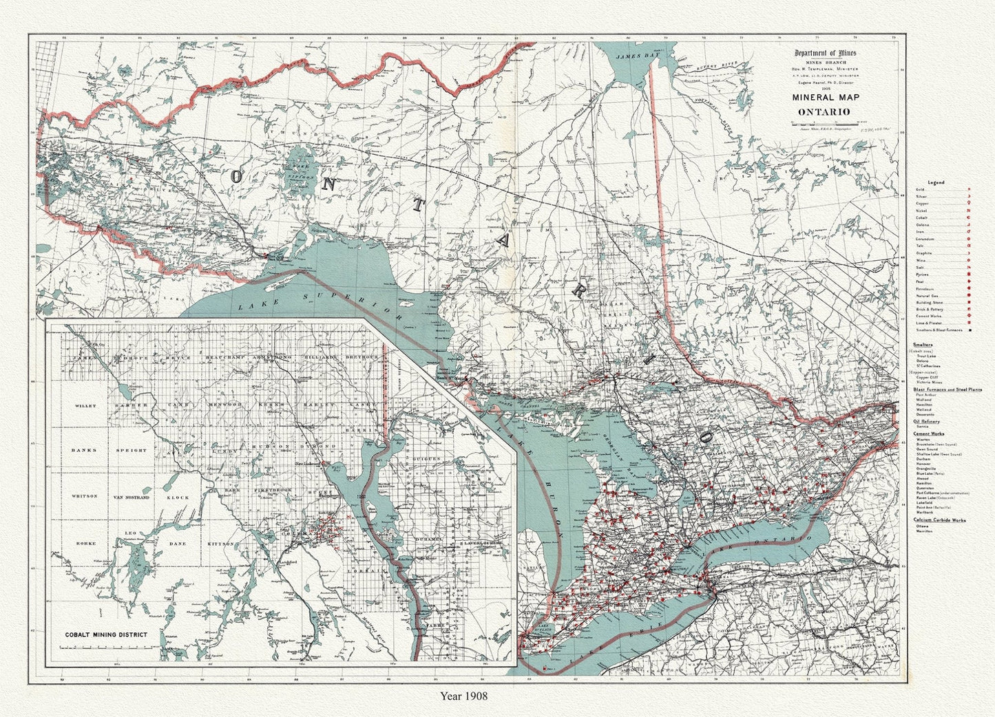 Canada: Ontario: Overall: Mineral map, Ontario, 1908 - The Map Chest