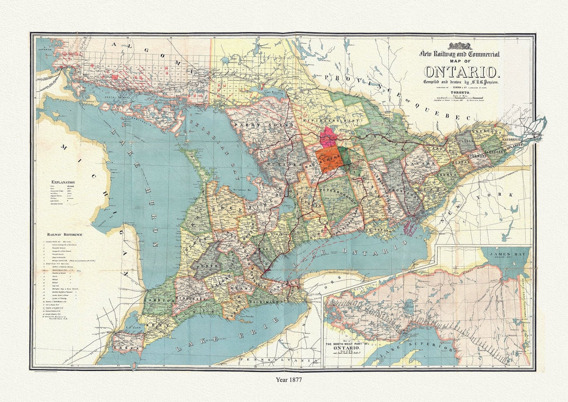 Canada: Ontario: Overall: Ontario, A New Railway and Commercial Map, 1877, Penson auth - The Map Chest