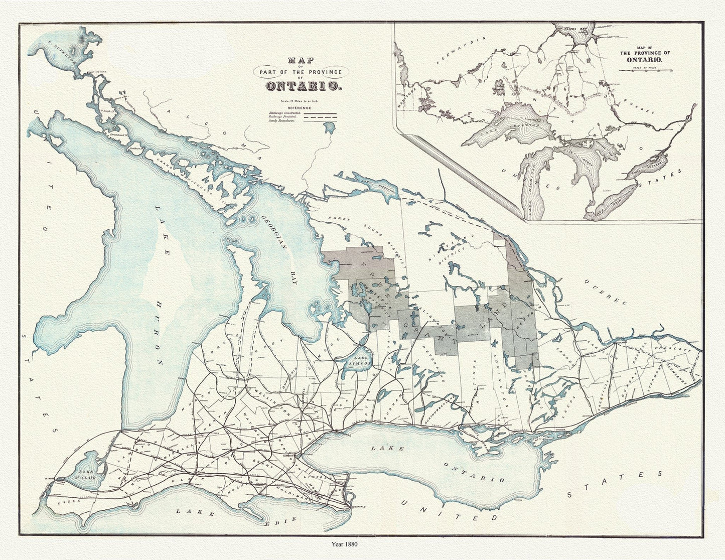 Canada: Ontario: Overall: Ontario, Counties, Free Land Grants, 1880 - The Map Chest