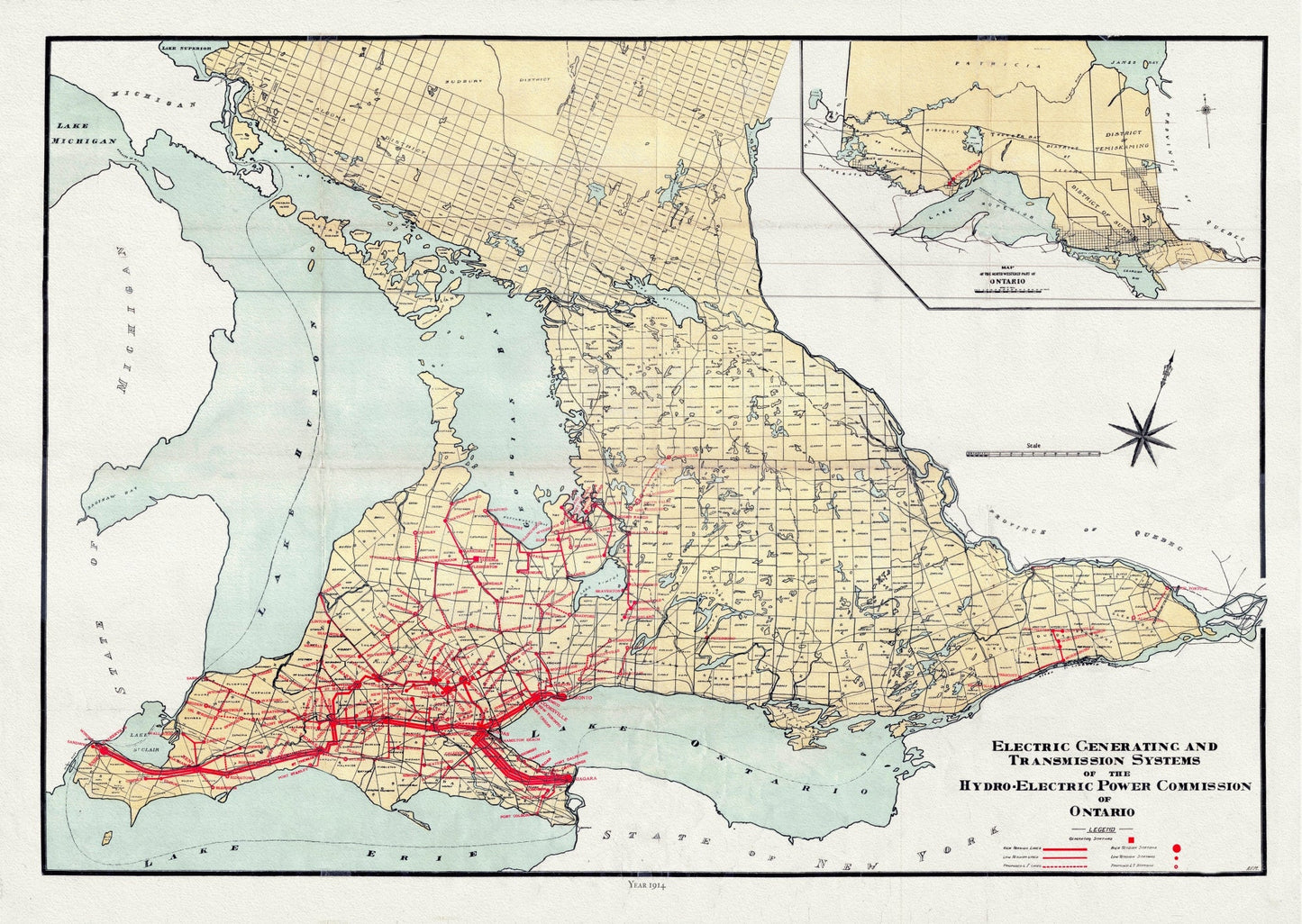 Canada: Ontario: Overall: The Electric Generating and Transmission Systems of the Hydro, Electric Power Commission of Ontario, 1914 - The Map Chest