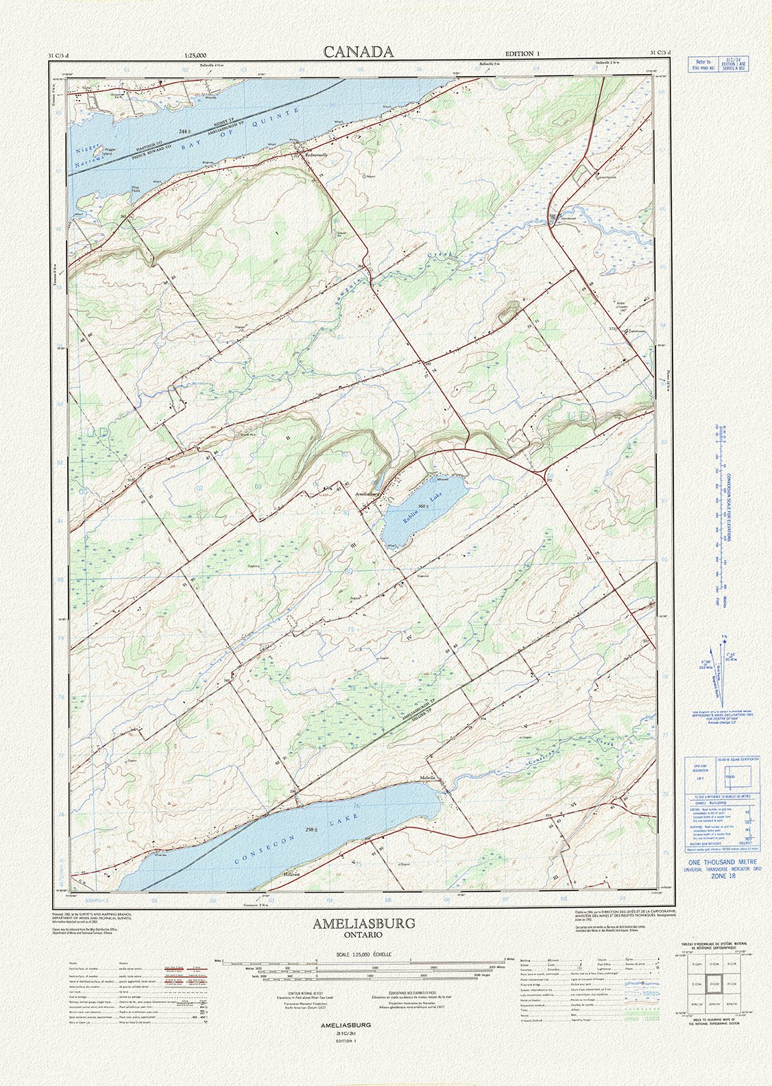 Canada: Ontario: Prince Edward County: Ameliasburg, Ontario,1966 Topographical Map 19 x 32 - The Map Chest
