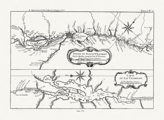Canada: Quebec: St. Lawrence River Valley: Bellin,Partie du fleuve St. Laurent depuis Quebec jusqu'au Lac St. Francois. Carte du Lac Champlain, 1754 - The Map Chest