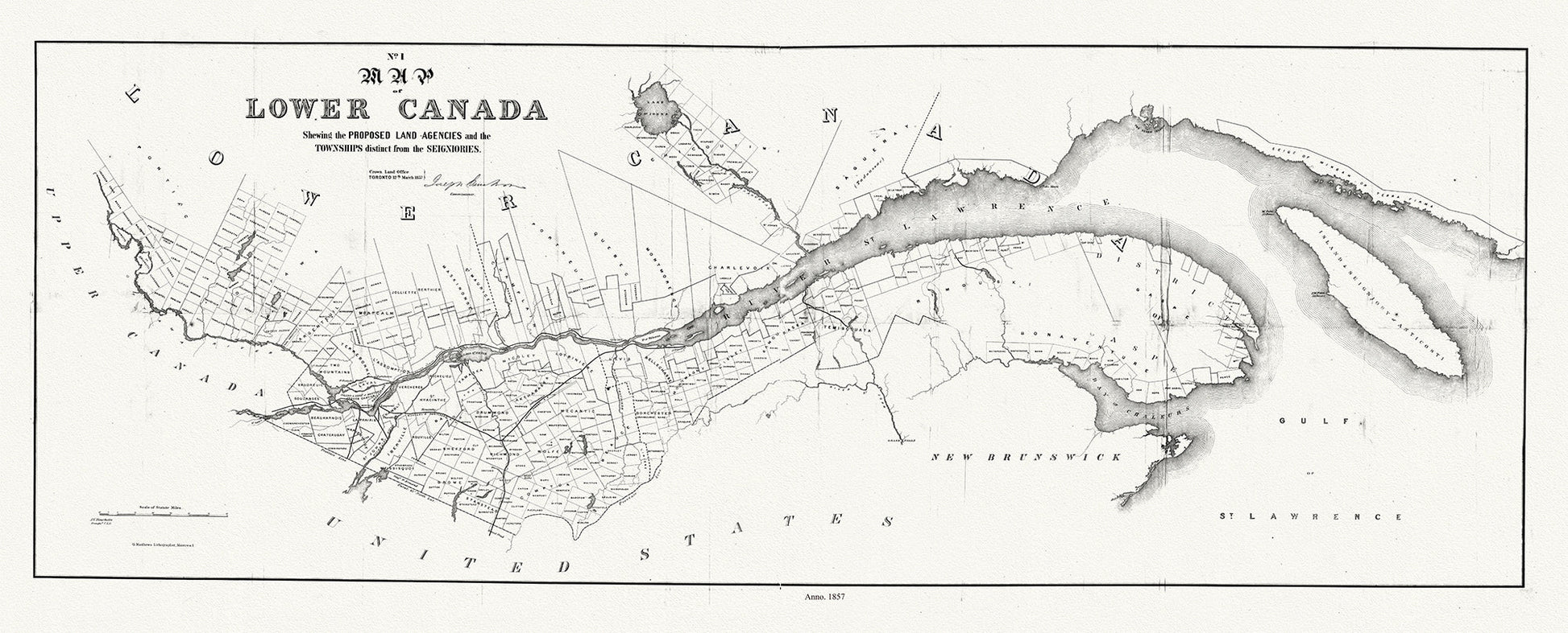 Canada: Quebec: St. Lawrence River Valley: Bouchette, Map of Lower Canada shewing the proposed land agencies and the townships distinct from the seigniories, 1857 - The Map Chest