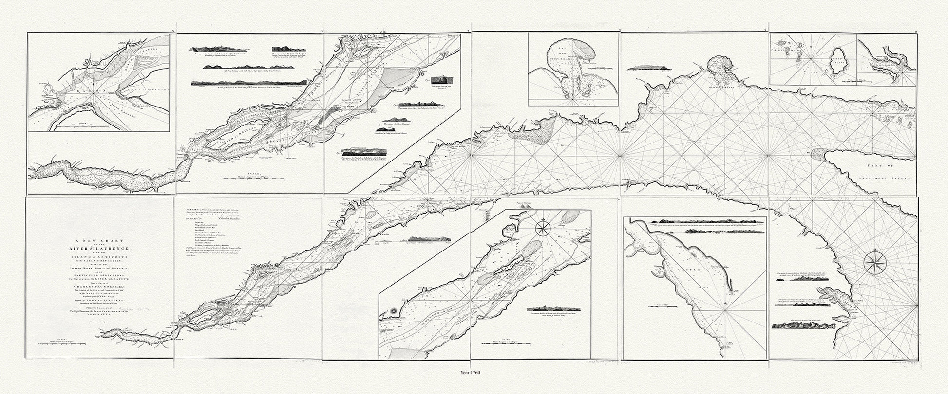 Canada: Quebec: St. Lawrence River Valley: Jefferys, A new chart of the river St. Laurence, from the island of Anticosti to the falls of Richelieu With all the islands, rocks, shoals, and soundings,1760 19 44" - The Map Chest