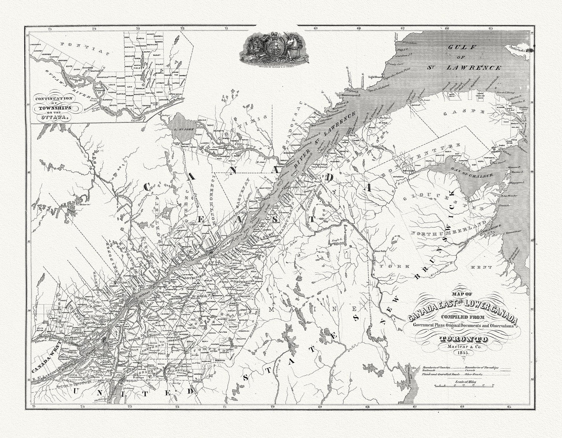 Canada: Quebec: St. Lawrence River Valley: Maclear, Map of Canada east or lower Canada, 1850 - The Map Chest
