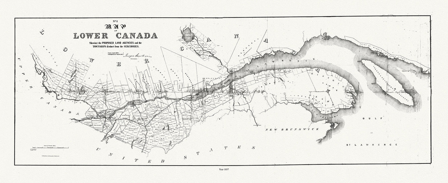 Canada: Quebec: St. Lawrence River Valley: Map of Lower Canada shewing the proposed land agencies and the townships 19 x 52" distinct from the seigniories,1857 - The Map Chest