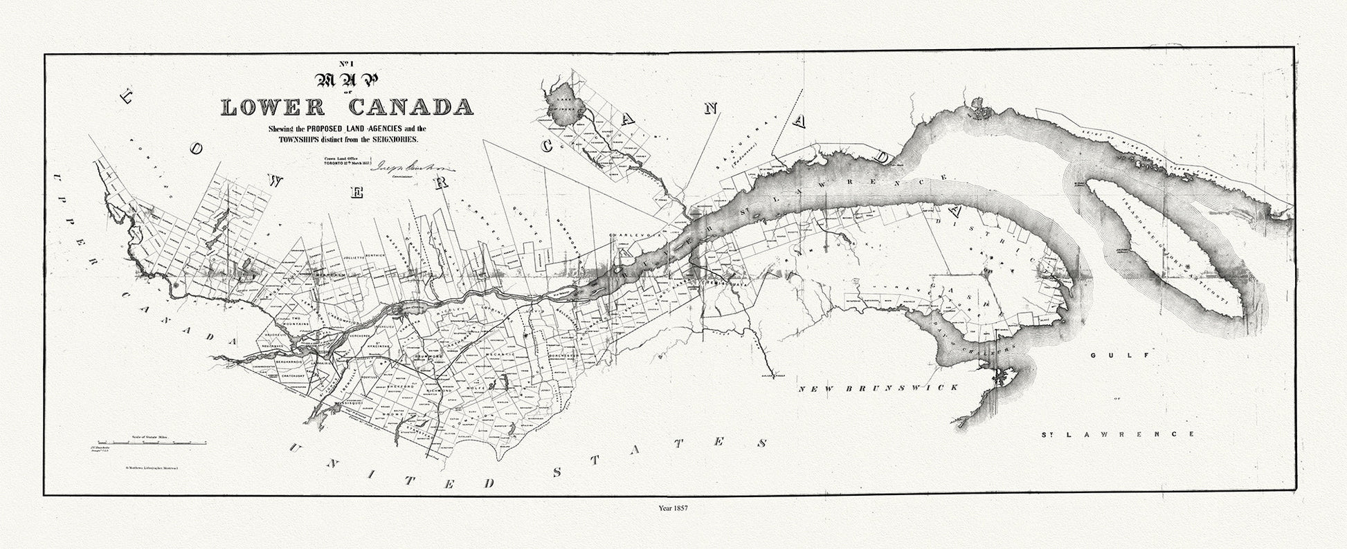 Canada: Quebec: St. Lawrence River Valley: Map of Lower Canada shewing the proposed land agencies and the townships 19 x 52" distinct from the seigniories,1857 - The Map Chest