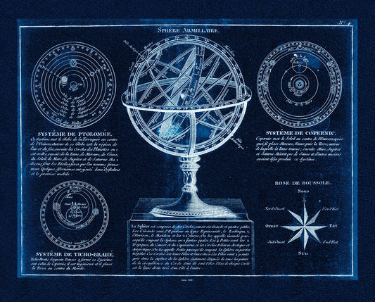 Celestial: Amillary Sphere, 1800, Delamarche auth. Cyanotype - The Map Chest