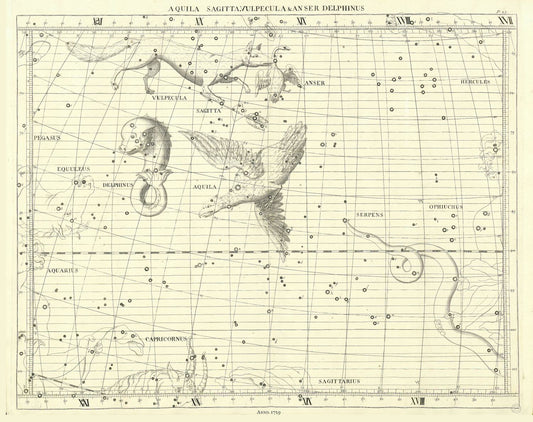 Celestial: Constellation: Aquila, Sagitta, Vulpecula & Anser, Delphinus, 1729, Flamsteed auth. - The Map Chest