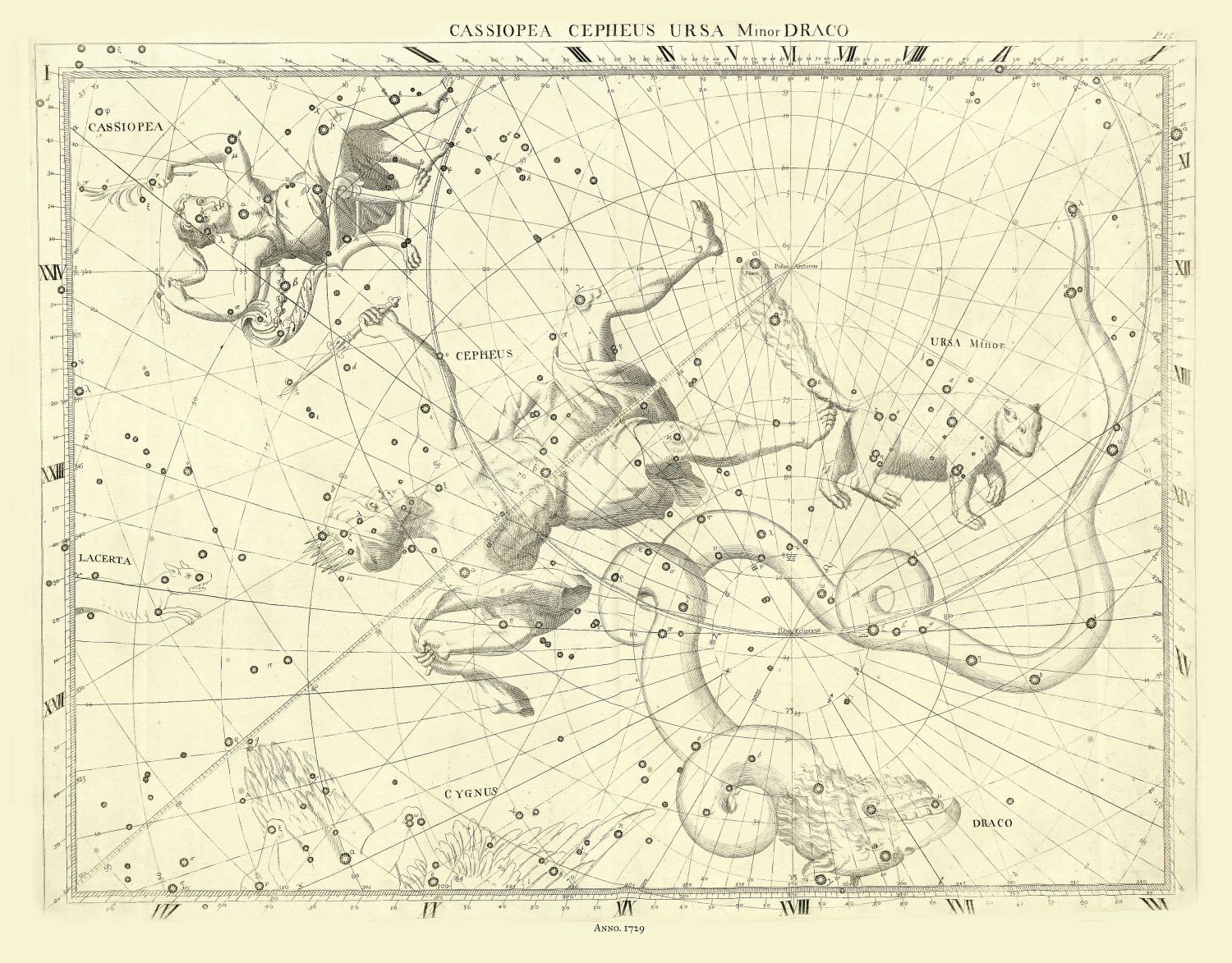 Celestial: Constellation: Cassiopea, Cephus, Ursa Minor, Draco, 1729, Flamsteed auth. - The Map Chest